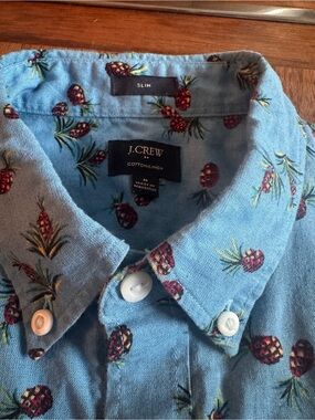 J. Crew SLIM Light Blue Linen-Cotton Shirt with Pineapple Motif